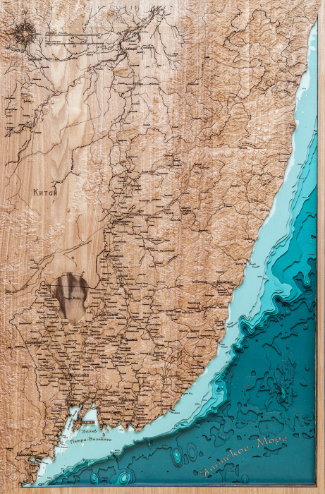 Карта деревянная многослойная "Карта Приморский край №1, земной рельеф" на заказ